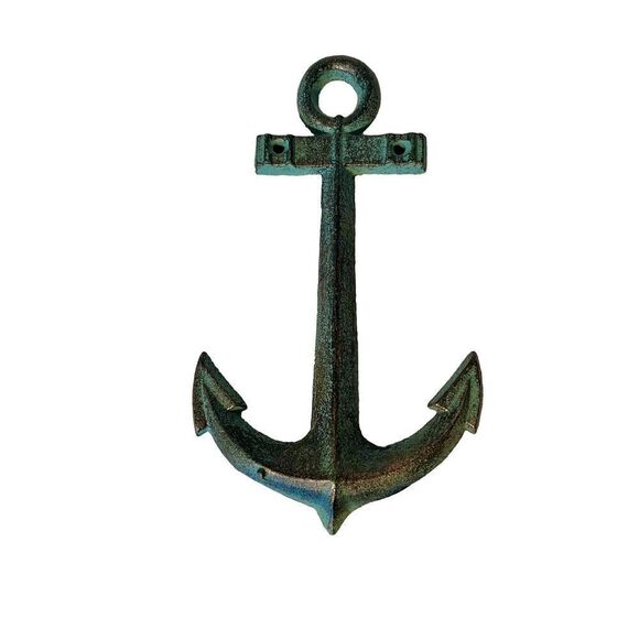 Nautical Anchor Green & Gold Cast Iron Anchor Wall Hanging Decor Beach House - Picture 1 of 4